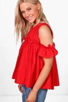 Boohoo Lizzie Cold Shoulder Ruffle Top Red