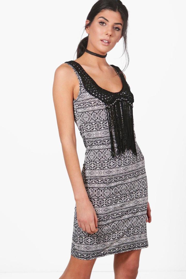 Boohoo Faye Mono Crochet Tassle Bodycon Dress Black