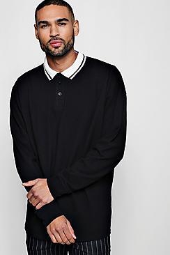 Boohoo Oversized Polo In Long Sleeve With Tipped Collar