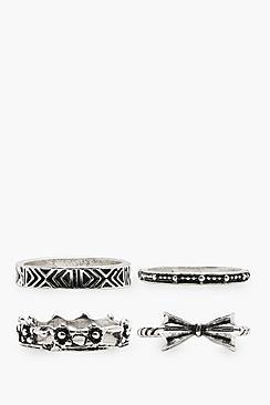 Boohoo Sophie Bow Detail Mixed Rings 4 Pack