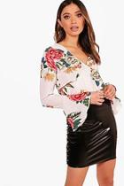 Boohoo Floral Flare Sleeve Cut Out Blouse