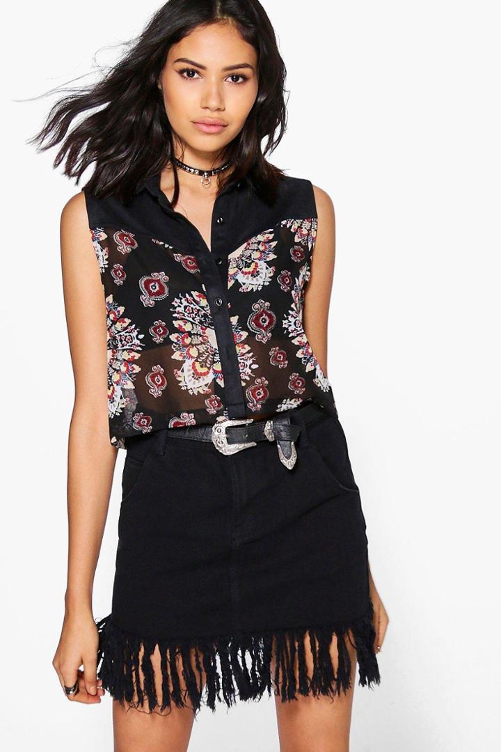Boohoo Kelly Denim Fray Tassel Hem Mini Skirt Black