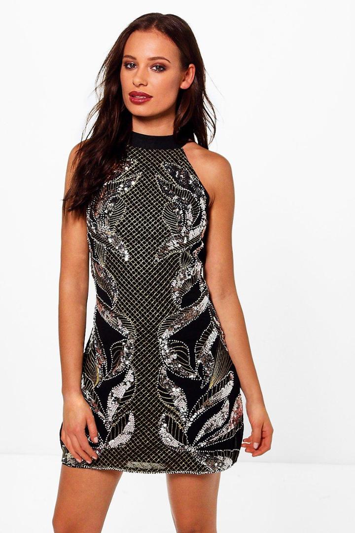 Boohoo Boutique Ari Embellished High Neck Shift Dress Black