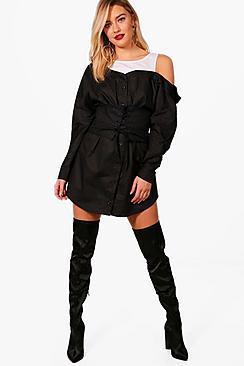 Boohoo Off The Shoulder Corset Belt Shirt Dress
