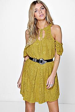 Boohoo Milenna Lace Cold Shoulder Swing Dress
