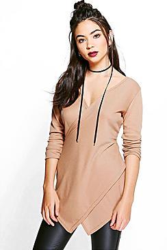 Boohoo Hannah Wrap Front Rib Knit Jumper