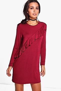 Boohoo Christine Frill Long Sleeve Shift Dress