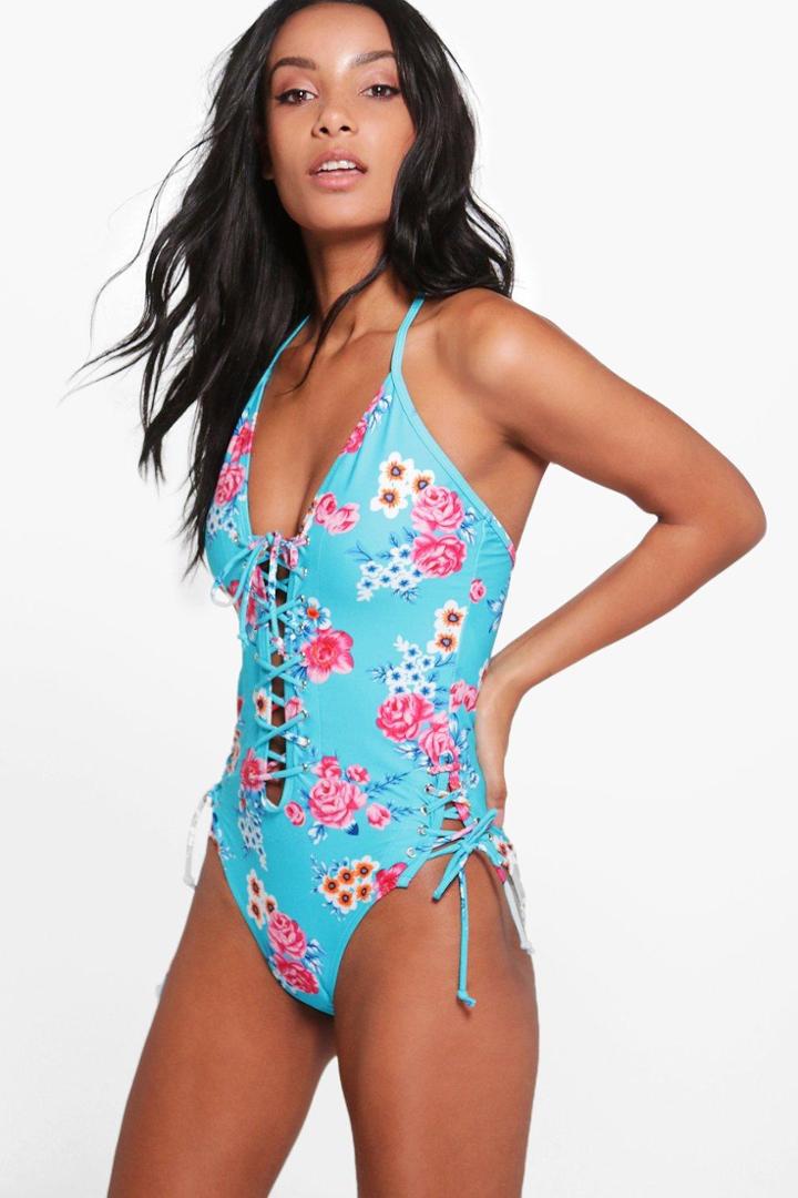 Boohoo Brazil Floral Lace Up Bathing Suit Blue