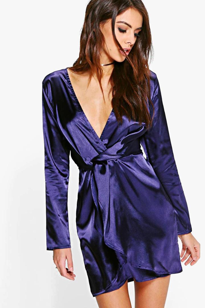 Boohoo Danielle Satin Twist Detail Bodycon Dress Navy