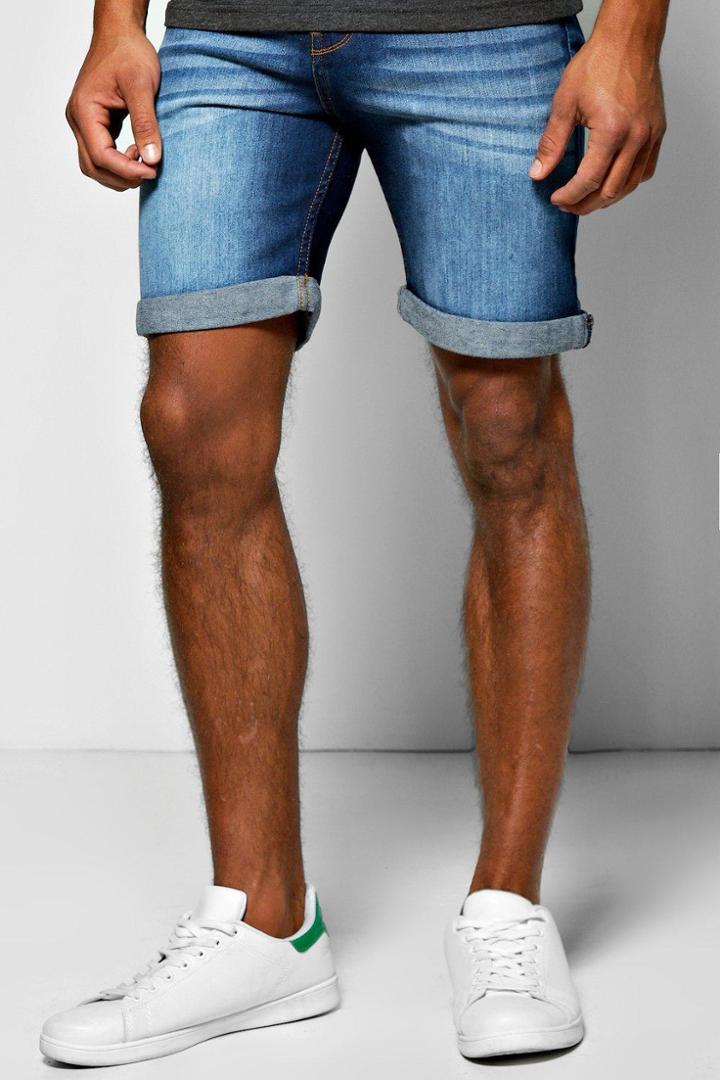 Boohoo Skinny Fit Indigo Wash Denim Shorts In Long Length Indigo