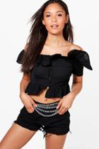 Boohoo Esme Woven Ruffle Button Down Bardot Crop Black