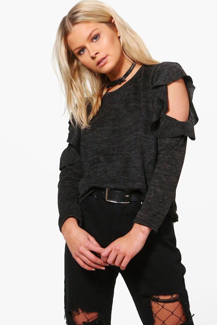 Boohoo Alice Ruffle Cold Shoulder Fine Knit Jumper Black