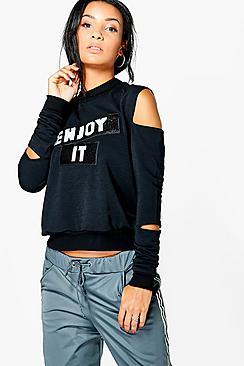 Boohoo Erin Enjoy It Sequin Patch Cut Sleeve Sweat