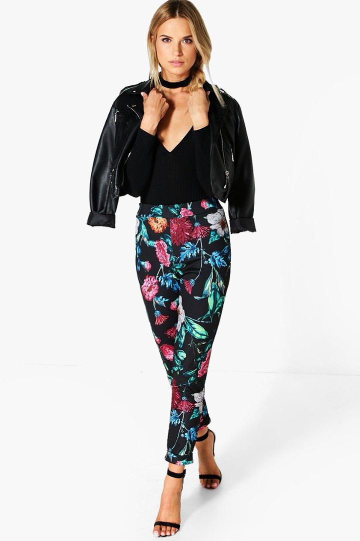 Boohoo Laina Dark Floral Scuba Skinny Trousers Multi