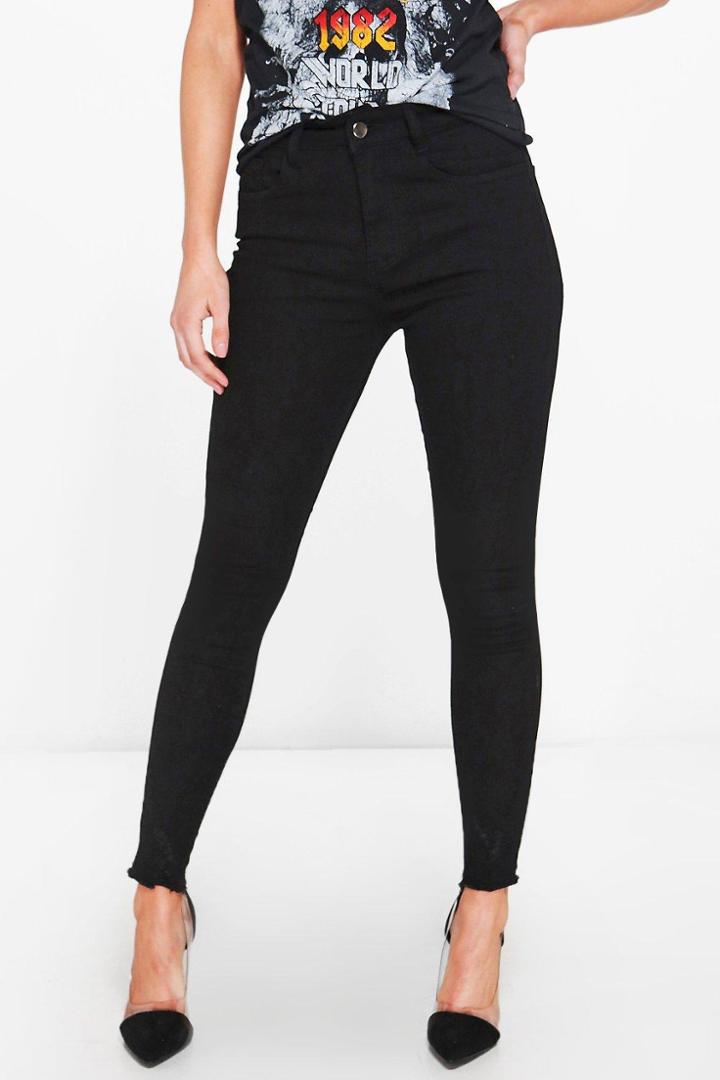 Boohoo Petite Eve High Rise Embroidered Hem Skinny Jean Black
