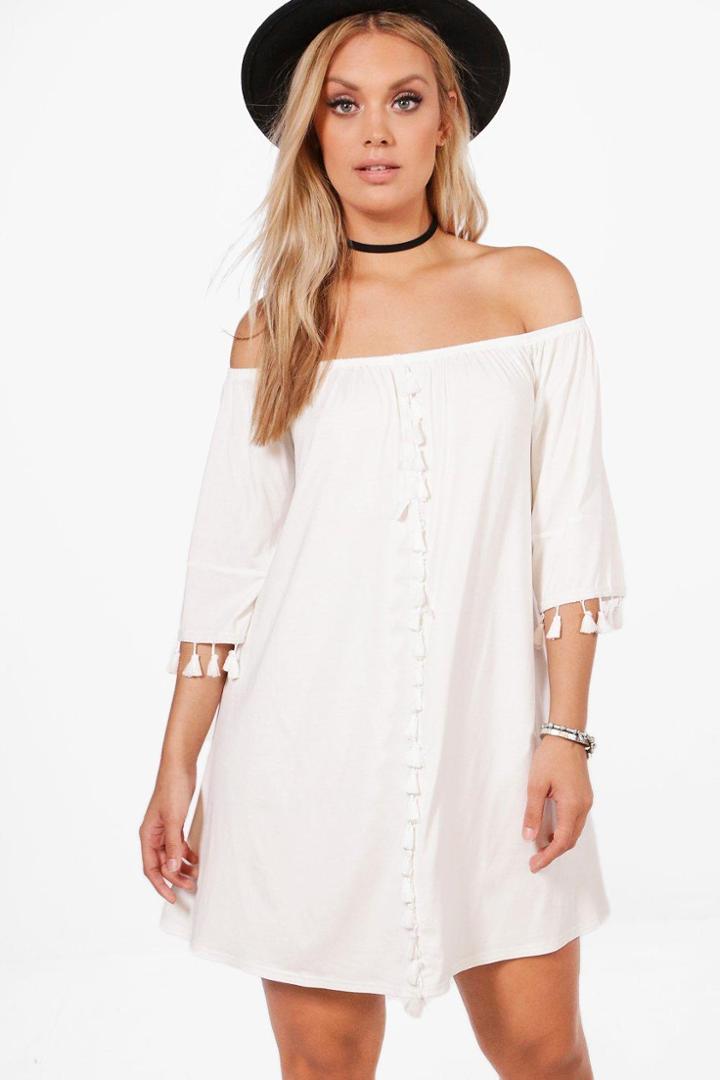 Boohoo Plus Faith Tassel Trim Off The Shoulder Swing Dress White