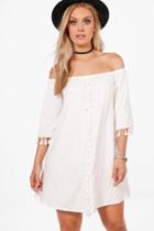 Boohoo Plus Faith Tassel Trim Off The Shoulder Swing Dress White