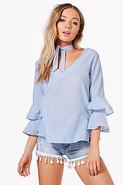 Boohoo Sophie Ruffle Choker Stripe Shirt