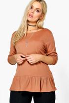 Boohoo Plus Issy Soft Ribbed Ruffle Hem Jumper Camel