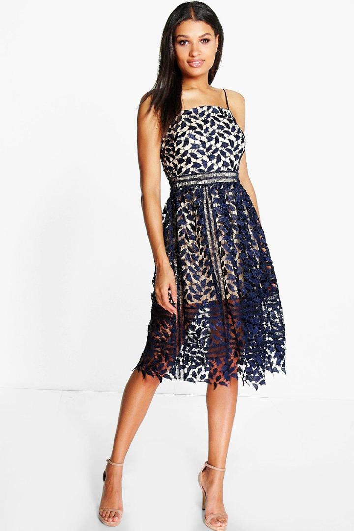 Boohoo Harlow Corded Lace Detail Midi Skater Dress Navy