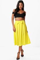Boohoo Kaia Bow Front Box Pleat Midi Skirt Lemon