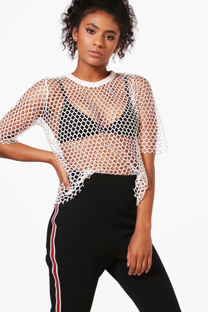 Boohoo Scarlett Wide Fishnet Oversized T-shirt Ivory
