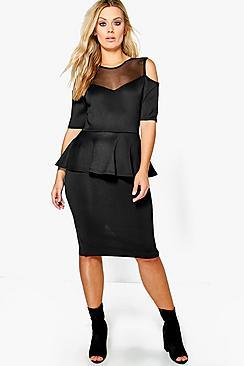 Boohoo Plus Maria Mesh Insert Peplum Dress