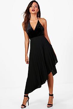 Boohoo Asymmetric Pleated Crepe Midi Skirt