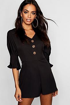 Boohoo Horn Button Balloon Sleeve Tea Playsuit