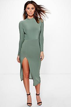 Boohoo Eldora Slinky Roll Neck Split Midi Dress