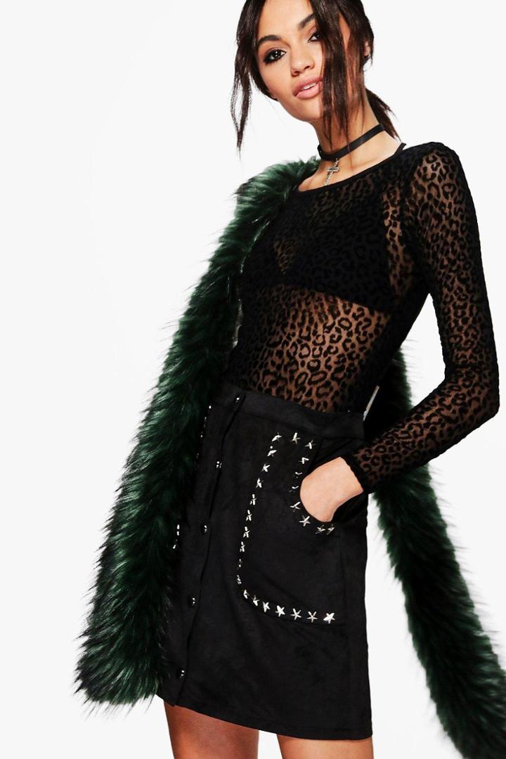 Boohoo Sia Star Stud A Line Suedette Mini Skirt Black