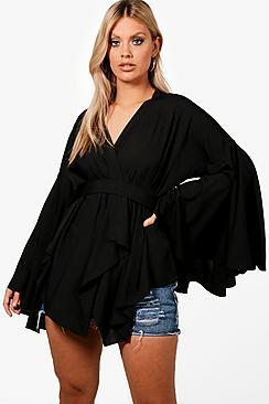 Boohoo Plus Lola Extreme Sleeve Wrap Front Tie Top