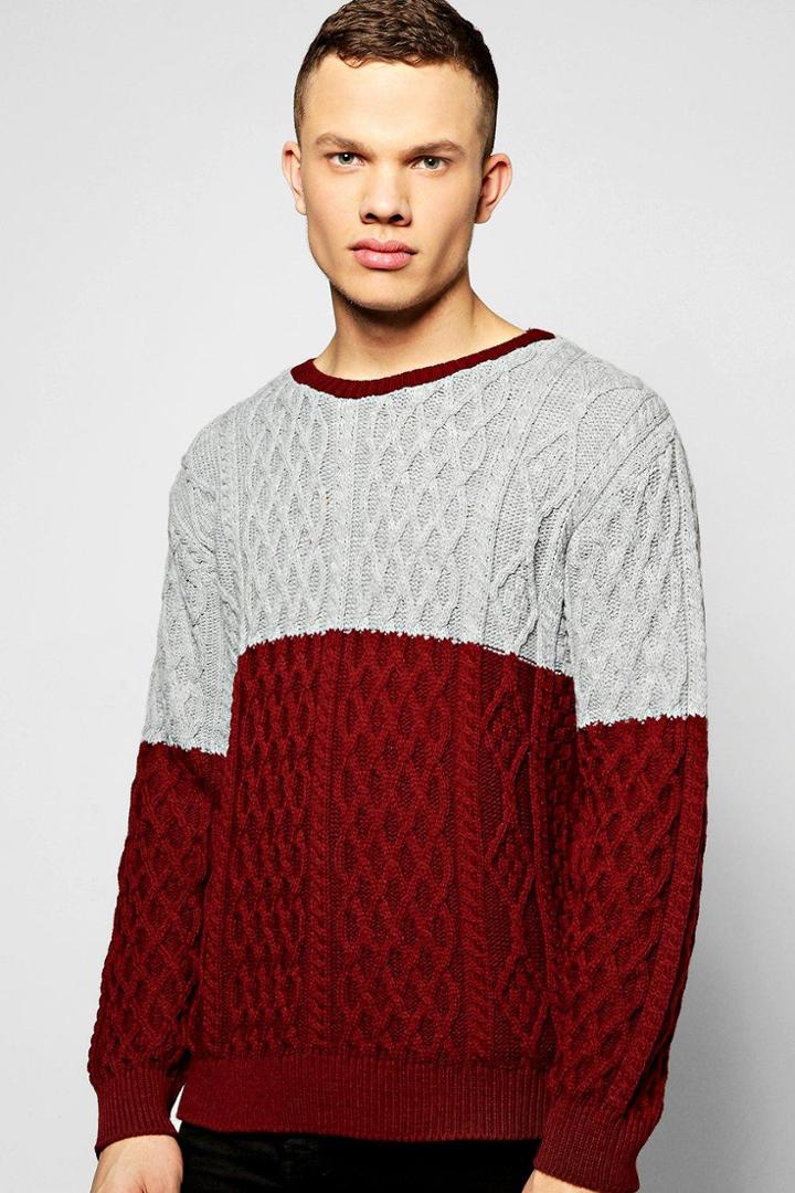 Boohoo Contrast Cable Knit Crew Neck Jumper Burgundy