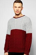 Boohoo Contrast Cable Knit Crew Neck Jumper Burgundy