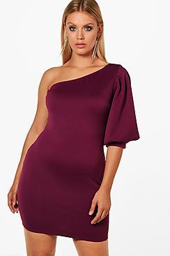 Boohoo Plus Emma Puff Sleeve One Shoulder Midi Dress