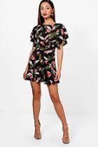 Boohoo Petite Hana Oriental Print Frill Hem Tea Dress