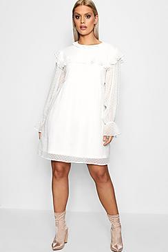 Boohoo Plus Thea Ruffle Dobby Spot Smock Dress