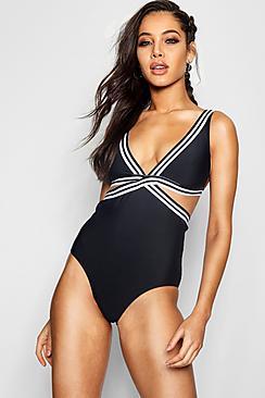 Boohoo Cuba Stripe Trim Plunge Swimsuit
