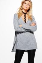 Boohoo Erin Lace Choker Fine Knit Jumper Grey