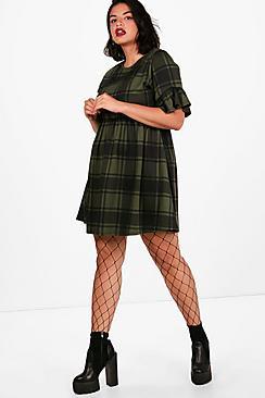 Boohoo Plus Tartan Frill Sleeve Smock Dress