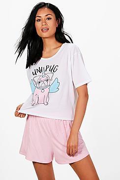 Boohoo Millie Uni Pug T & Short Set