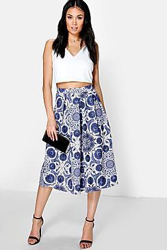 Boohoo Avah Porcelain Print Full Midi Skirt