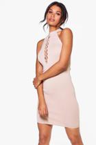 Boohoo Mia Lace Up High Neck Bodycon Dress Taupe