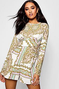 Boohoo Petite Twist Front Scarf Print Playsuit