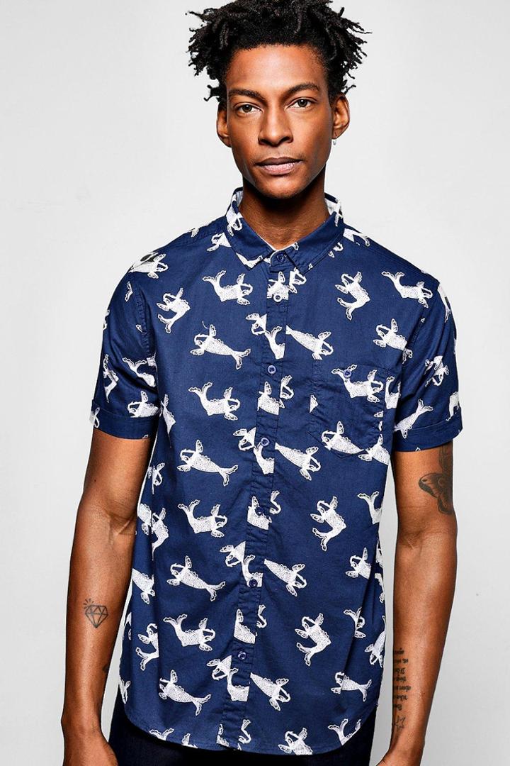 Boohoo Short Sleeve Koi Print Shirt Navy