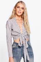 Boohoo Kerry Striped Cotton Tie Front Blouse Blue