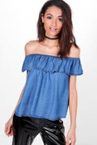 Boohoo Ria Ruffle Off The Shoulder Top Indigo