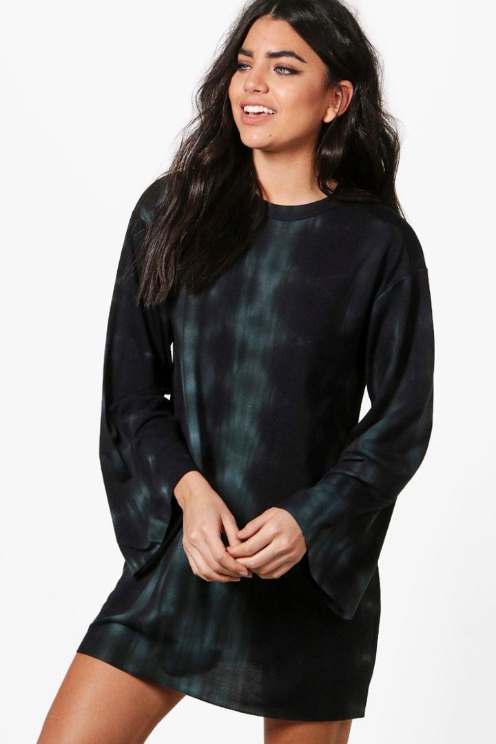 Boohoo Millie Tie Dye Wide Sleeve Sweat Dress Black