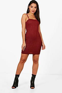 Boohoo Metallic Crepe Square Neck Bodycon Dress