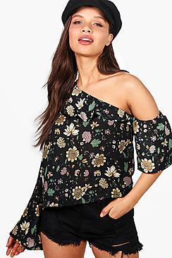Boohoo Faye One Shoulder Floral Flare Sleeve Top